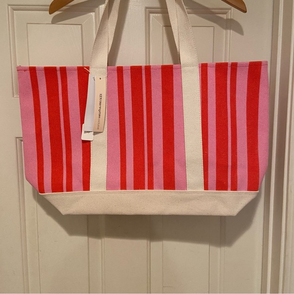 AQUA Canvas Pink and Red Striped Tote Bag Bloomingdale’s Exclusive Large - Picture 2 of 12
